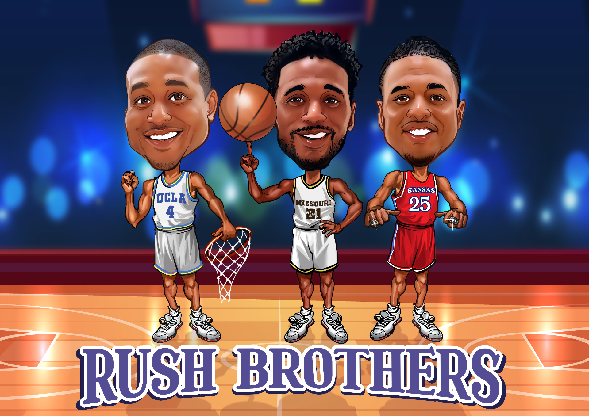 Illustrated portrait of the Rush brothers — JaRon (UCLA), Kareem (Missouri), and Brandon (Kansas)